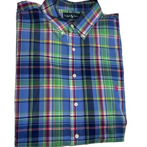 Ralph Lauren Plaid Button Down Shirt Mens XLT Blue Classic-Fit Short Sleeve